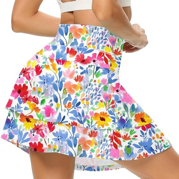 Colorful Layered Flowered Skort (Skirt with Shorts) w/ 2 Pockets - Picture 3 of 6